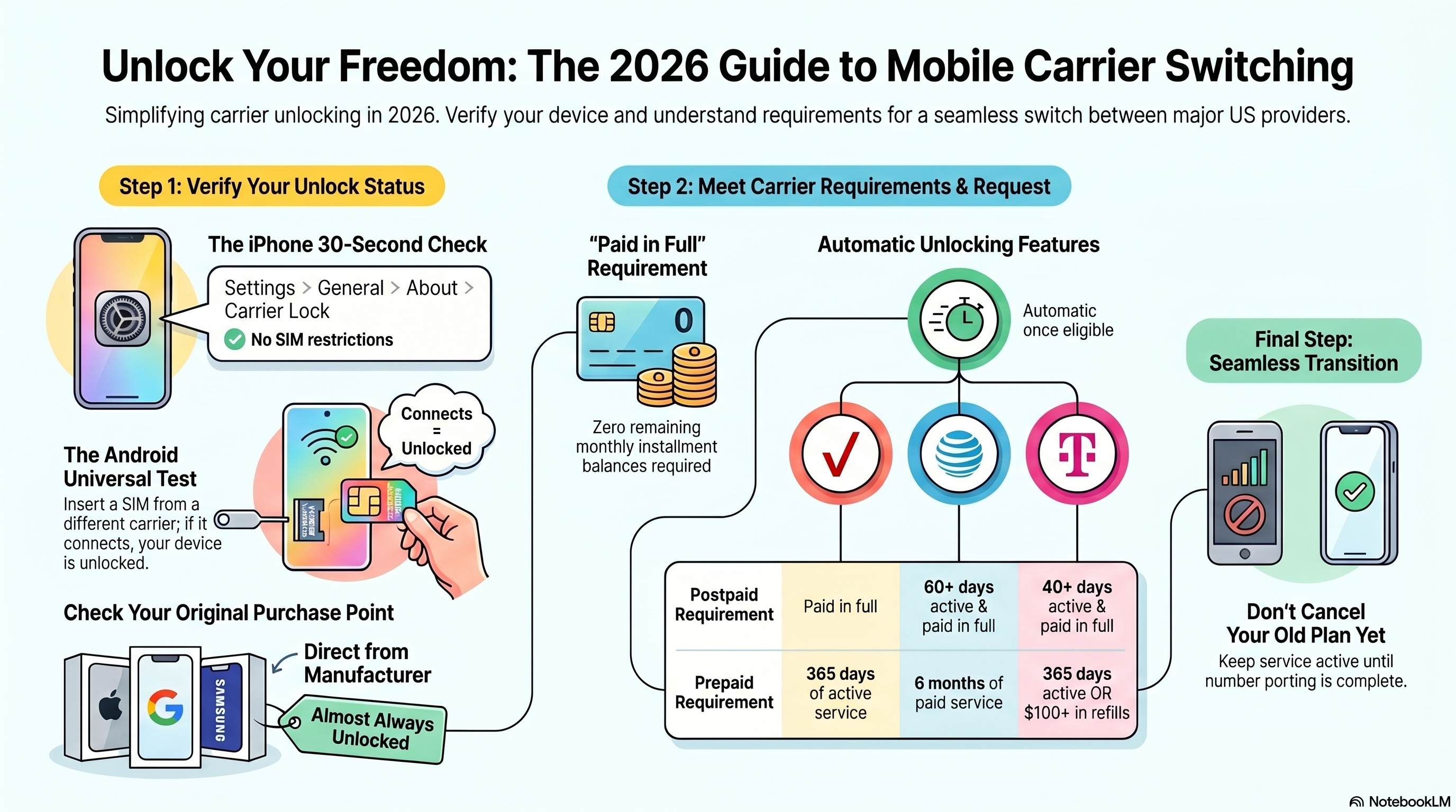 2026 mobile carrier unlock guide showing iPhone and Android check steps plus Verizon, AT&T, and T-Mobile unlock requirements table